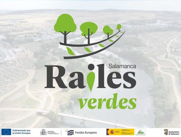 Logo del proyecto Raíles Verdes en Salamanca sobre fondo del río Tormes