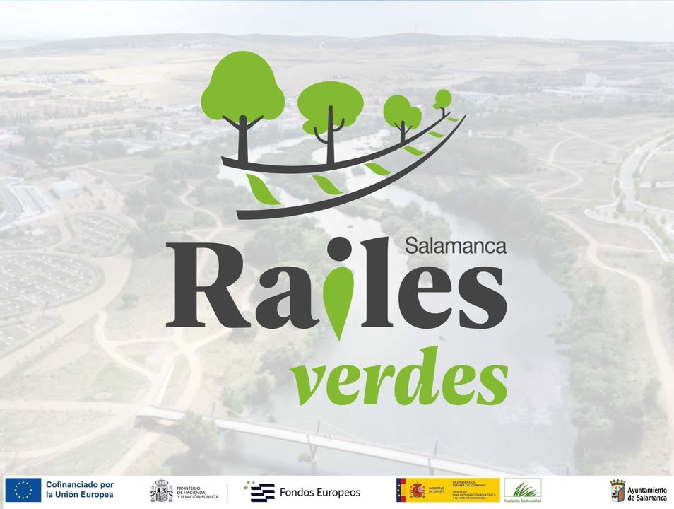 Logo del proyecto Raíles Verdes en Salamanca sobre fondo del río Tormes