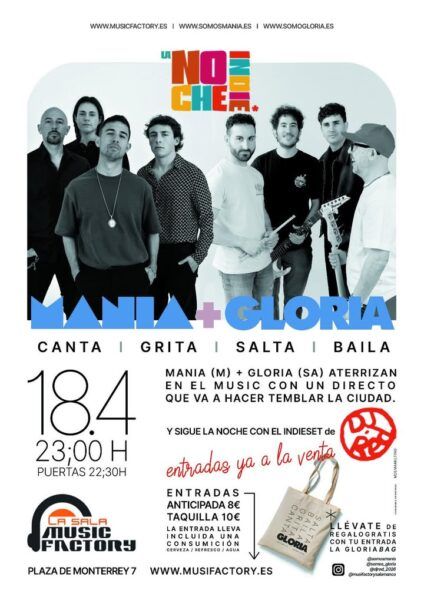 Cartel del evento Noche Indie con las bandas Manía y Gloria