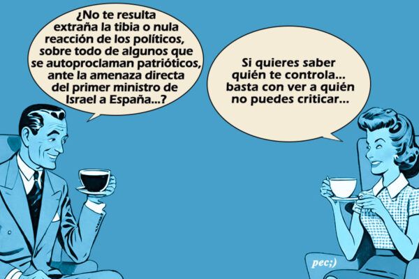 Ilustración de dos personas conversando sobre política y control social.
