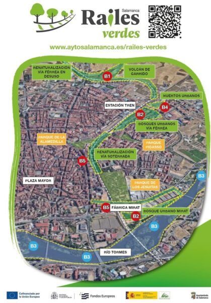Mapa del proyecto Raíles Verdes en Salamanca con espacios verdes y huertos urbanos.