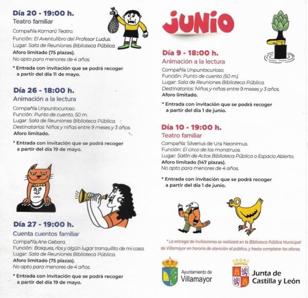 Cartel de actividades culturales en la Biblioteca de Villamayor para familias.