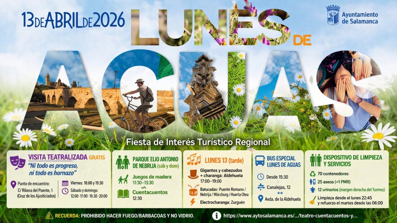 Cartel del Lunes de Aguas en Salamanca con actividades culturales y festivas