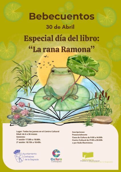 Cartel de la sesión de Bebecuentos con la rana Ramona y un libro abierto