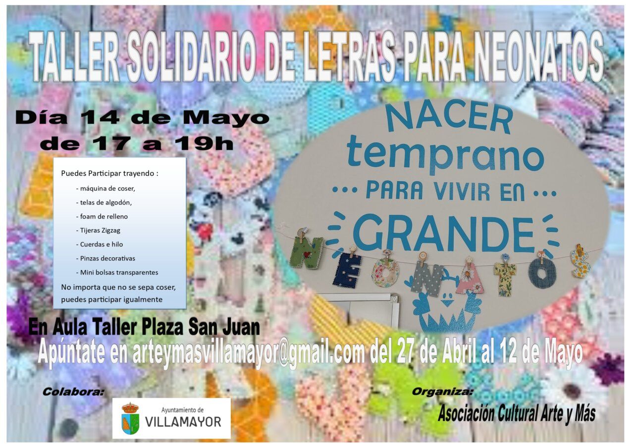 Cartel del taller solidario de letras para neonatos en Villamayor