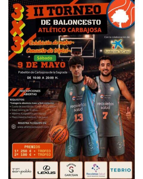 Cartel del torneo 3x3 de baloncesto en Carbajosa con jugadores y detalles del evento.