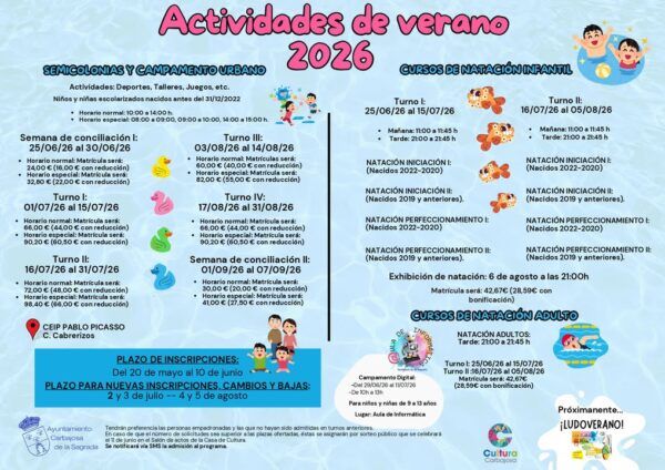Cartel informativo sobre actividades de verano 2026 en Carbajosa de la Sagrada