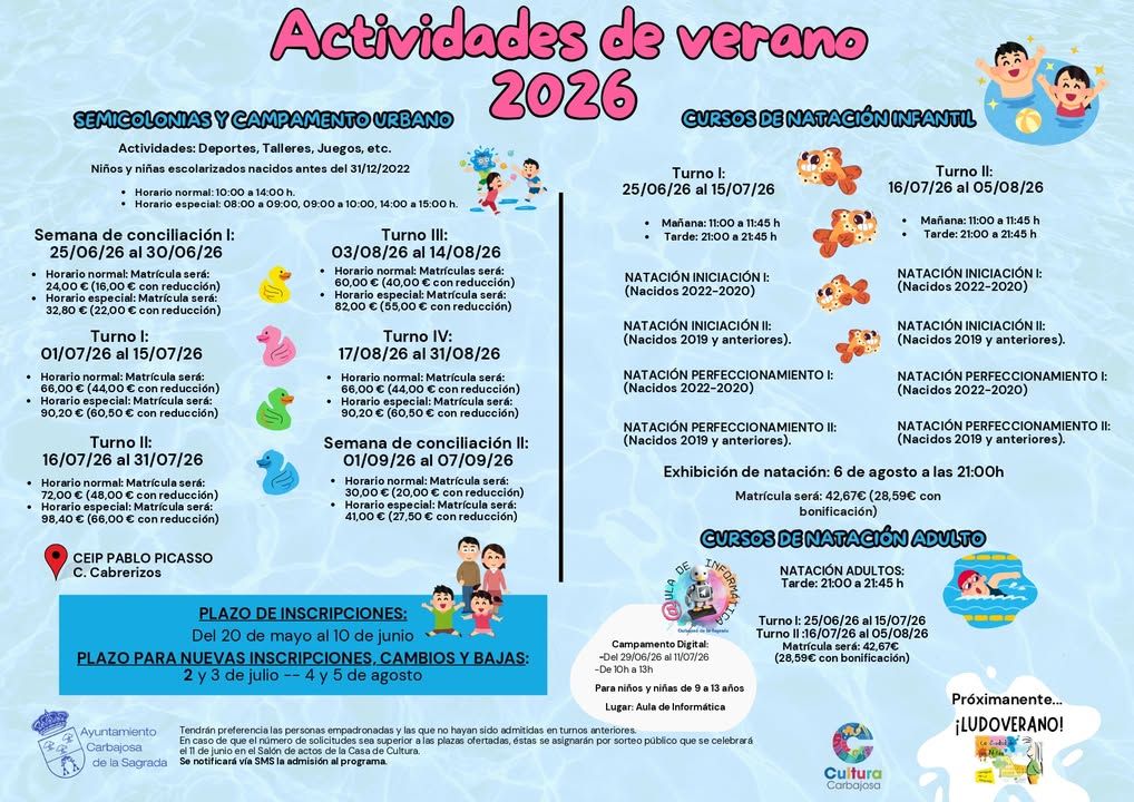 Cartel informativo sobre actividades de verano 2026 en Carbajosa de la Sagrada