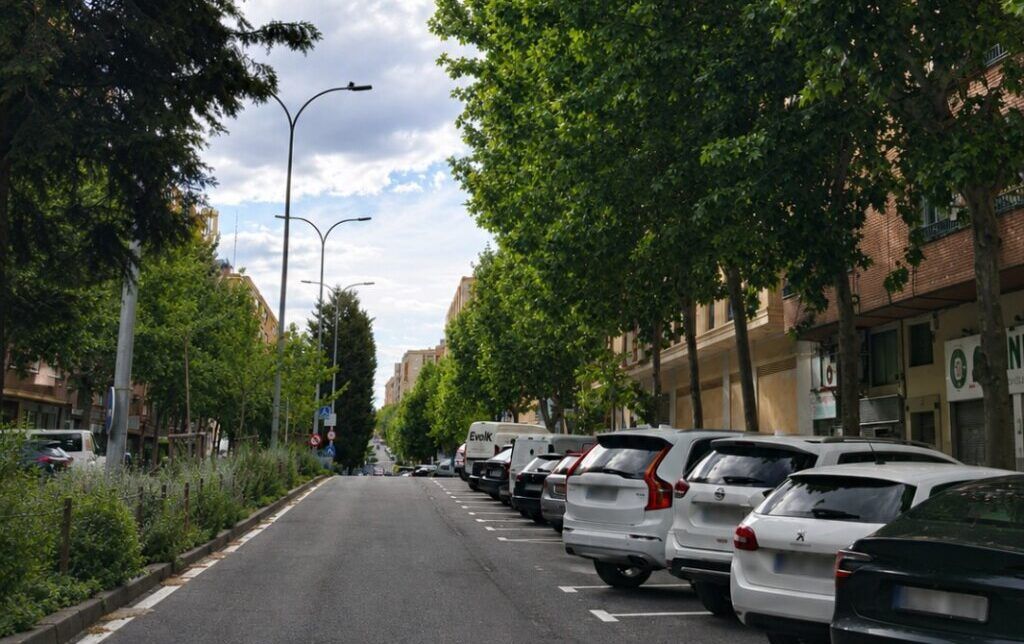 Vista de la avenida Alfonso IX en Salamanca con árboles y coches aparcados