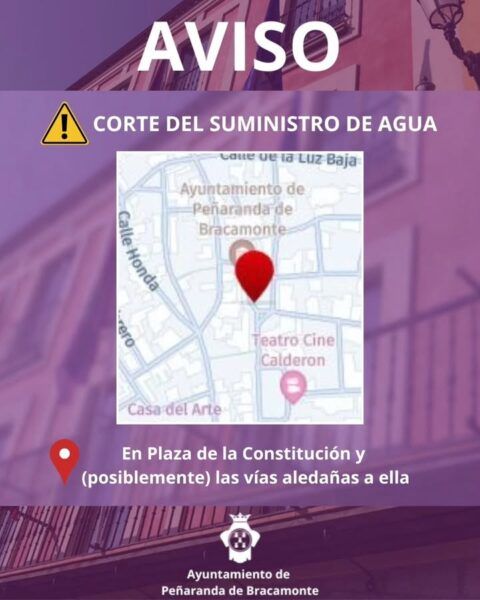 Aviso sobre corte de suministro de agua en Plaza de la Constitución.