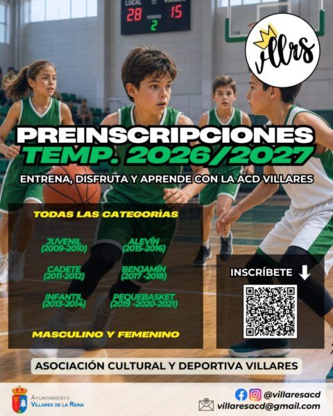 Cartel de preinscripciones para la temporada 2026/2027 de baloncesto en Villares.