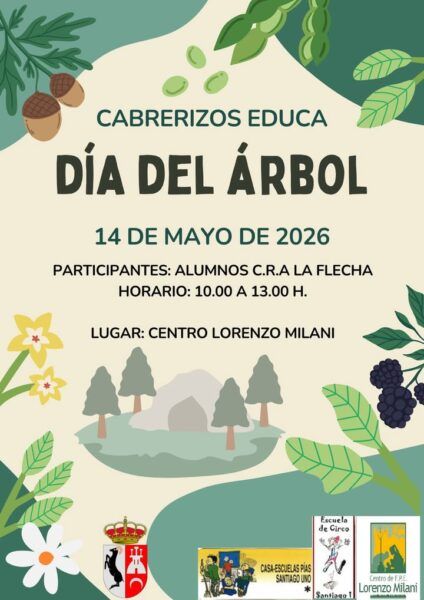 Cartel de celebración del Día del Árbol en Cabrerizos con ilustraciones de naturaleza.