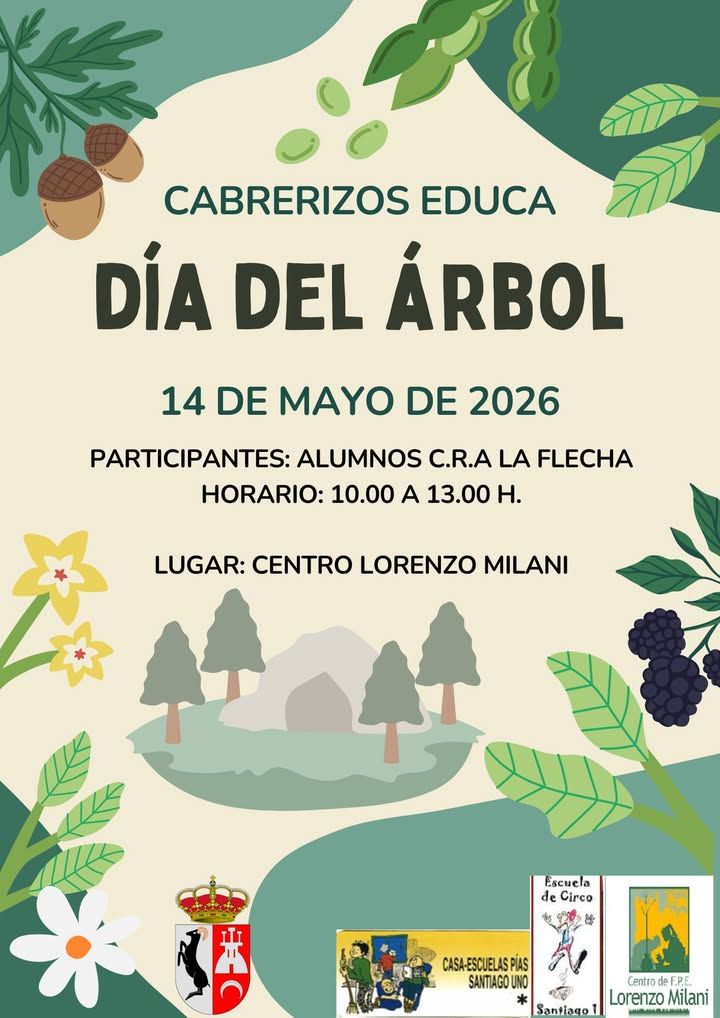 Cartel de celebración del Día del Árbol en Cabrerizos con ilustraciones de naturaleza.