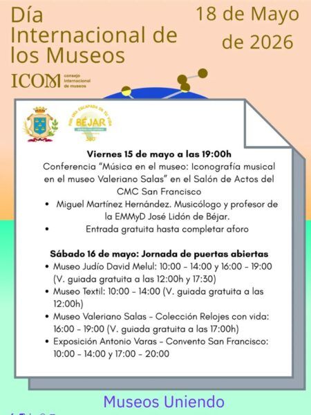 Cartel del Día Internacional de los Museos en Béjar con actividades programadas.