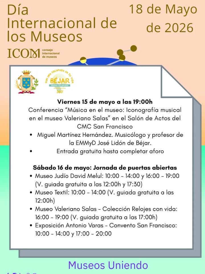 Cartel del Día Internacional de los Museos en Béjar con actividades programadas.