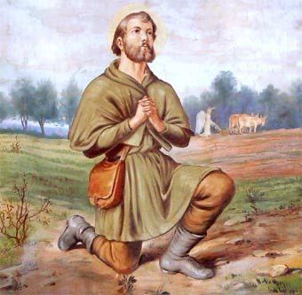 Pintura de San Isidro Labrador orando en un campo agrícola