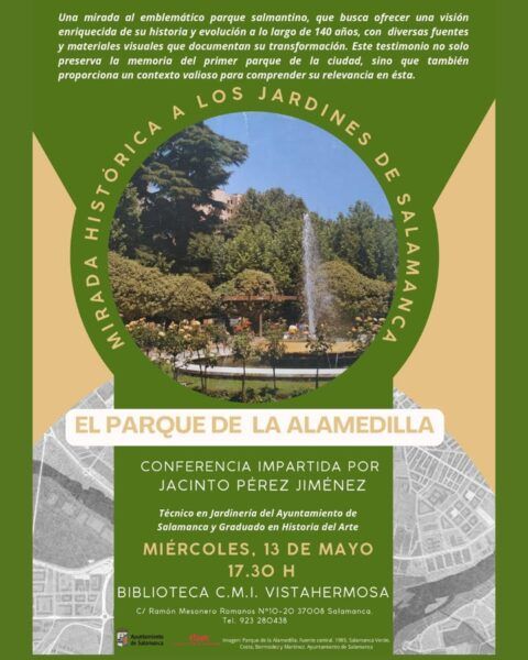 Cartel de la charla sobre la historia del Parque de la Alamedilla en Salamanca