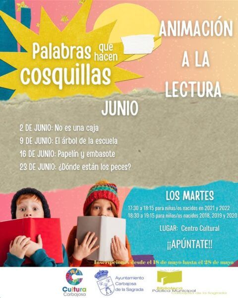 Cartel de cuentacuentos con niños y títulos de historias infantiles
