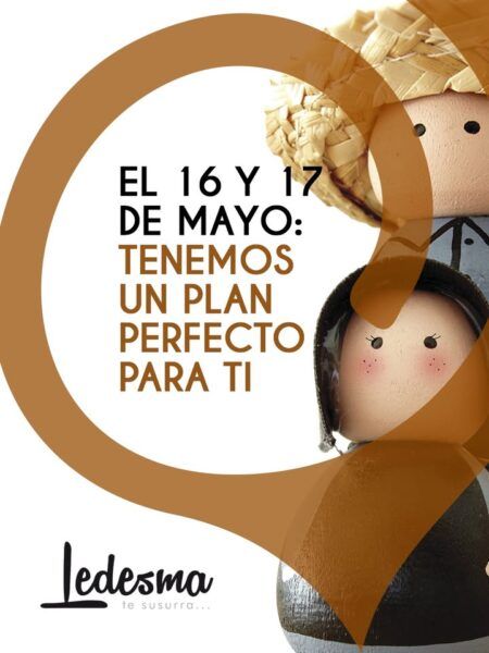 Cartel promocional de la Feria Alimentaria en Ledesma con muñecos artesanales.