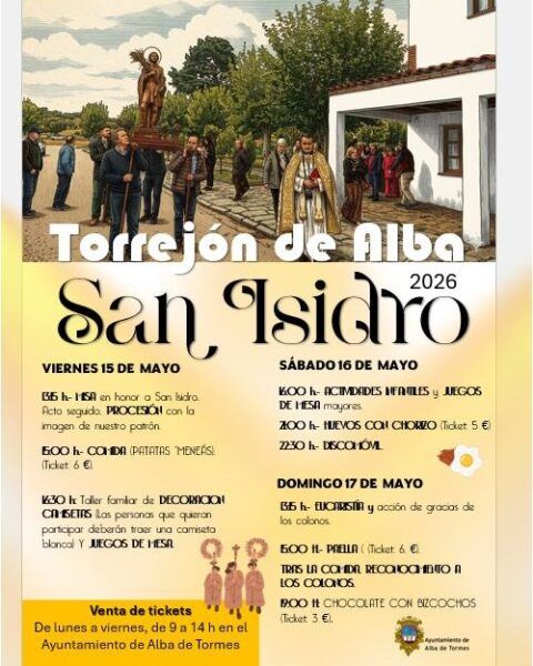 Cartel de las Fiestas de San Isidro 2026 en Torrejón de Alba con actividades y horarios.