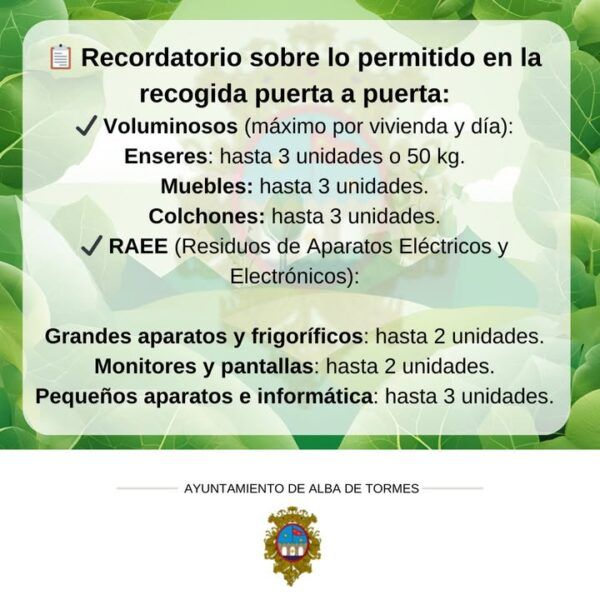 Recordatorio sobre la recogida de residuos voluminosos en Alba de Tormes