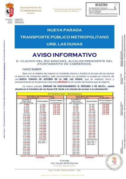 Aviso informativo sobre nueva parada de transporte en Cabrerizos