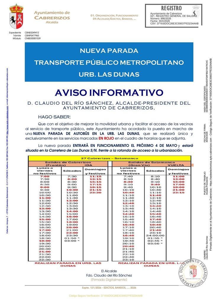 Aviso informativo sobre nueva parada de transporte en Cabrerizos