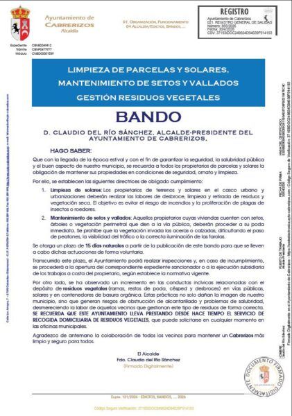 Bando sobre limpieza de parcelas y mantenimiento de setos en Cabrerizos