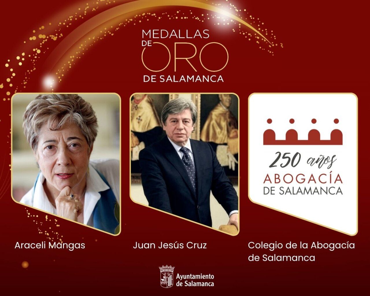 Imagen de las Medallas de Oro de Salamanca 2026 con Araceli Mangas y Juan Jesús Cruz