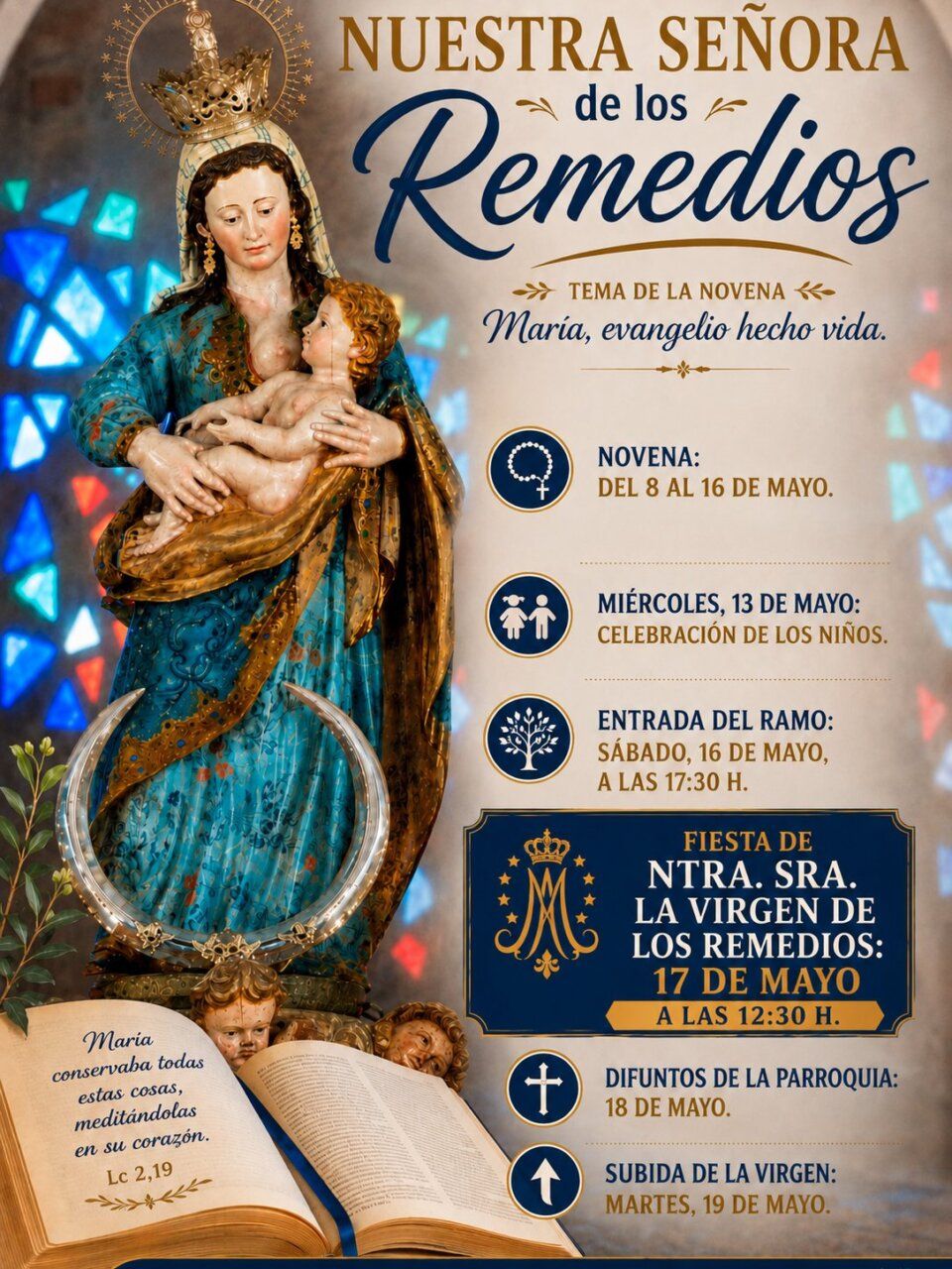 Imagen de la Virgen de los Remedios con niño en brazos y texto informativo