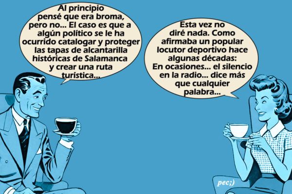 Ilustración de dos personas conversando con tazas de café en un fondo azul.
