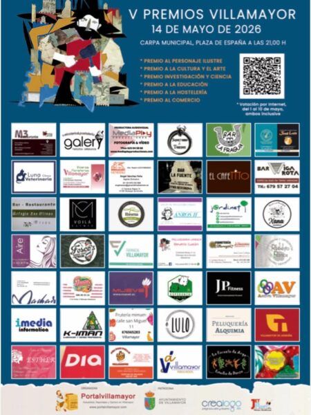 Cartel de los V Premios Villamayor 2026 con detalles de premios y participantes