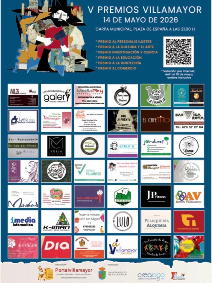Cartel de los V Premios Villamayor 2026 con detalles de premios y participantes