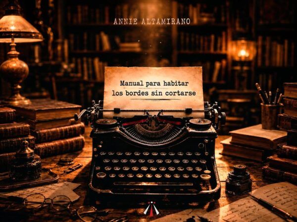 Escritorio con máquina de escribir y libros antiguos en fondo