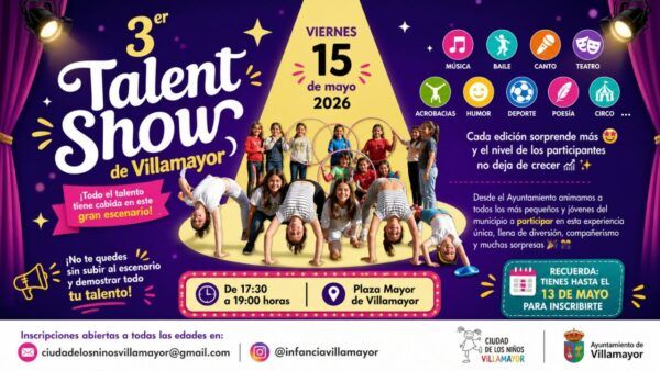 Cartel del Talent Show en Villamayor con niños y jóvenes actuando.