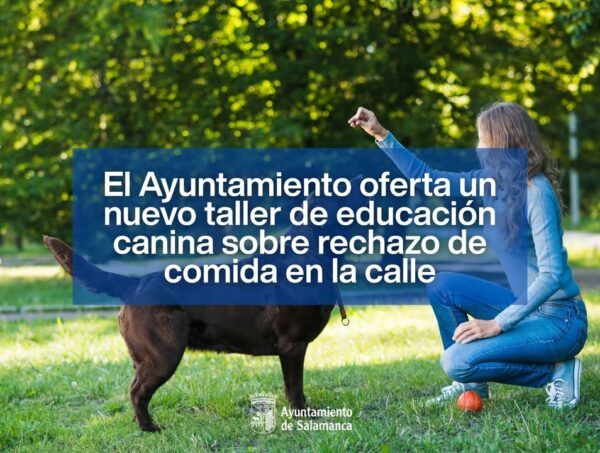 Mujer enseñando a un perro a rechazar comida en un taller