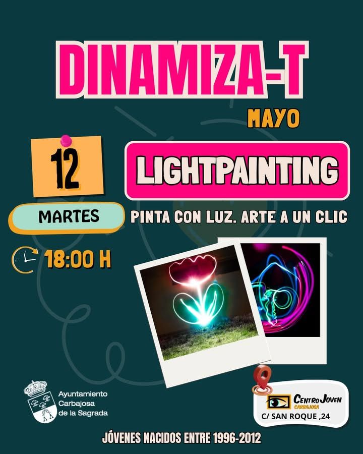 Cartel del taller de lightpainting para jóvenes en Carbajosa