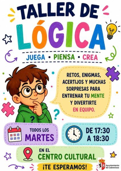 Cartel del taller de lógica para niños en el centro cultural