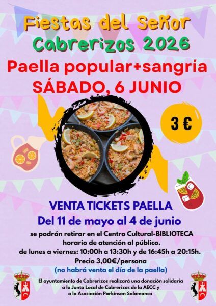 Cartel de venta de tickets para la paella de las fiestas de Cabrerizos 2026