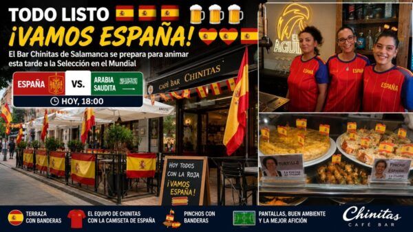 Terraza del Café Bar Chinitas decorada para el Mundial con banderas de España.