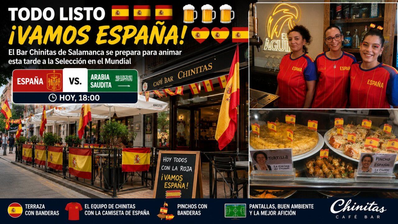 Terraza del Café Bar Chinitas decorada para el Mundial con banderas de España.