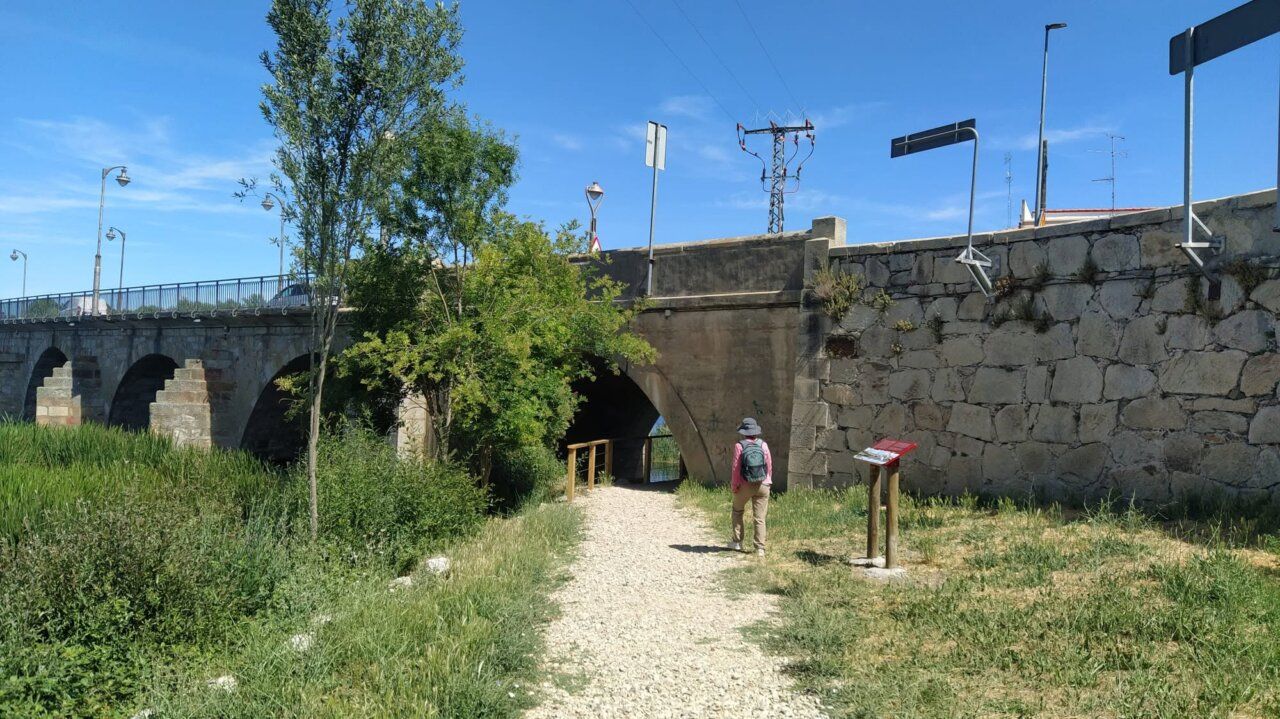 Persona caminando hacia la Puerta del Río en Alba de Tormes