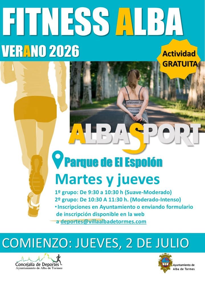 Cartel de actividades deportivas gratuitas en Alba de Tormes para el verano 2026