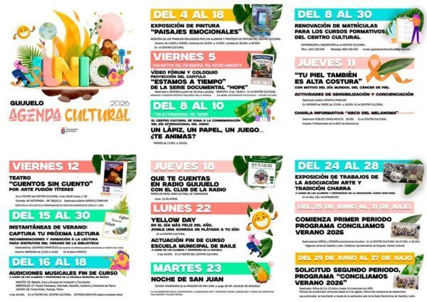 Cartel de la agenda cultural de junio en Guijuelo 2026 con eventos destacados