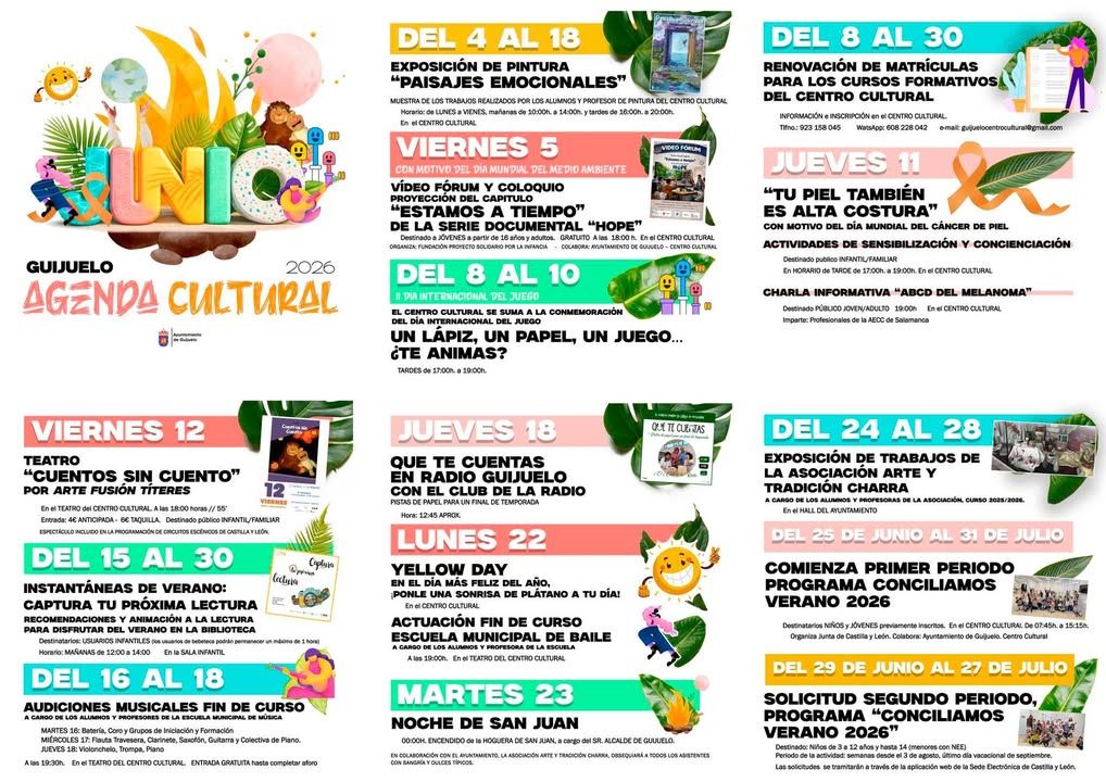Cartel de la agenda cultural de junio en Guijuelo 2026 con eventos destacados