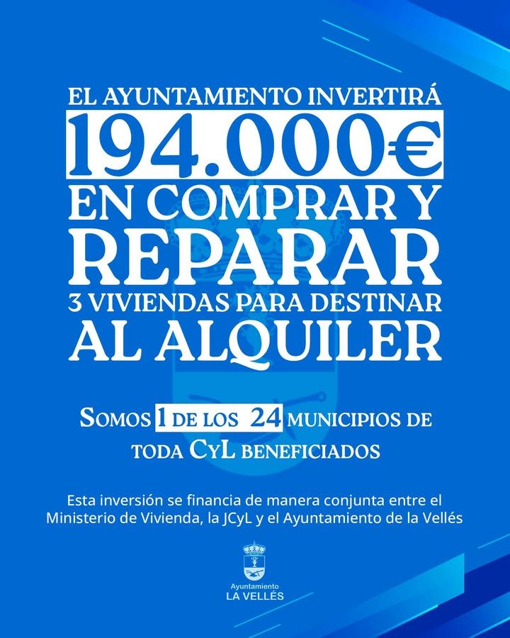 Anuncio del Ayuntamiento de La Vellés sobre inversión en viviendas para alquiler social