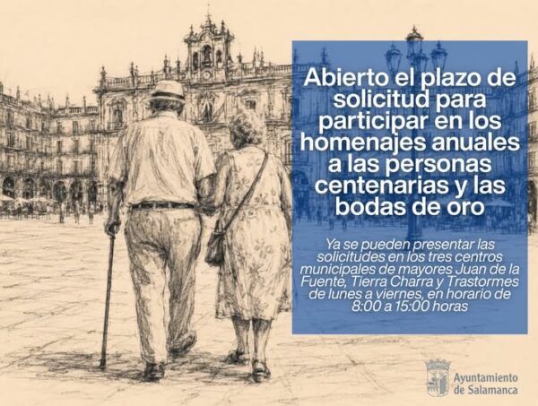 Dibujo del Ayuntamiento de Salamanca con personas caminando