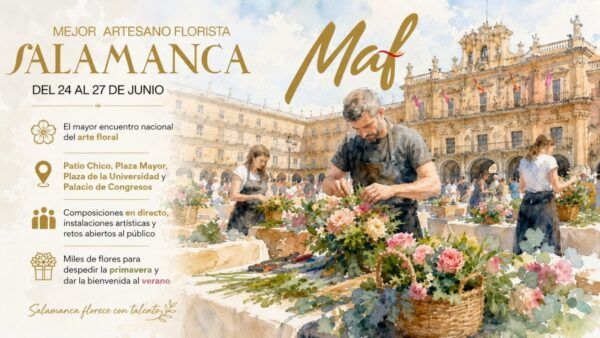 Artistas florales trabajando en el certamen Mejor Artesano Florista en Salamanca
