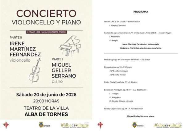 Cartel del concierto de piano y violonchelo en Alba de Tormes