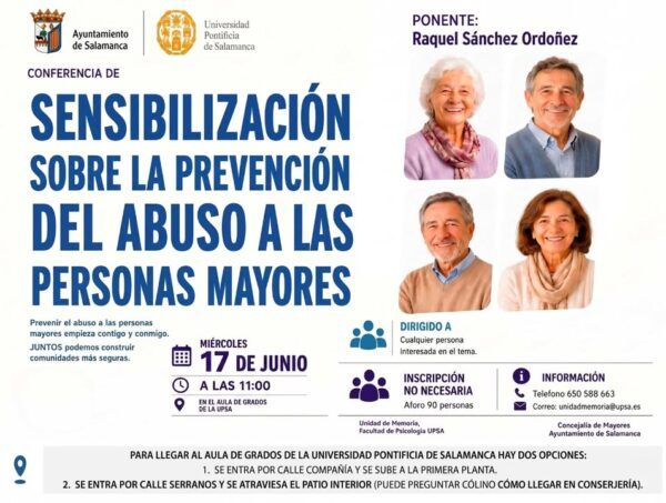 Cartel de conferencia sobre prevención del abuso a personas mayores en Salamanca